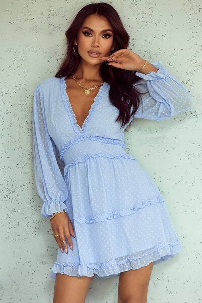 Swiss Dot Frill V-Neck Mini Dress - Corinth & Main