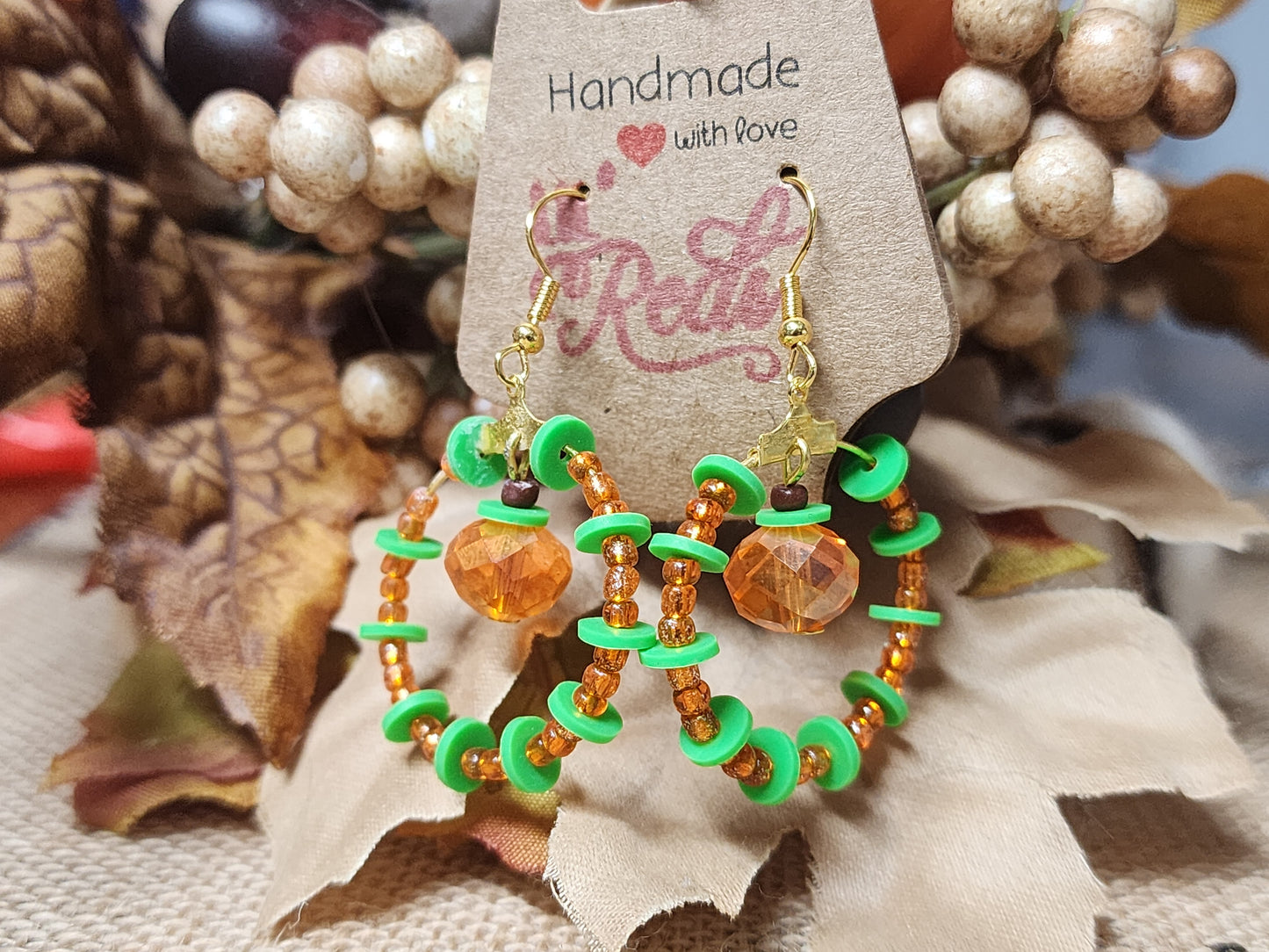 Fall Pumpkin Clay Bead Round Hoop Dangle Orange