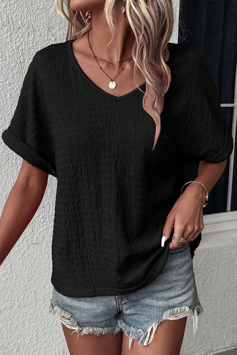 V-Neck Short Sleeve Blouse