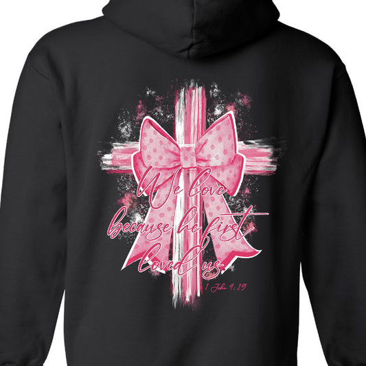 Pink Bow Cross- We love because he first loved us