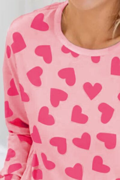 Heart Print Round Neck Top and Shorts Lounge Set - Corinth & Main