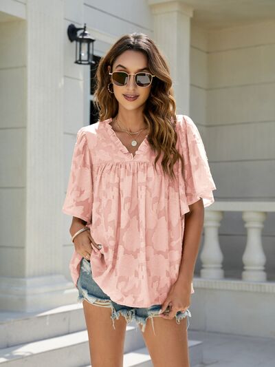 Frill V-Neck Half Sleeve Blouse - Corinth & Main