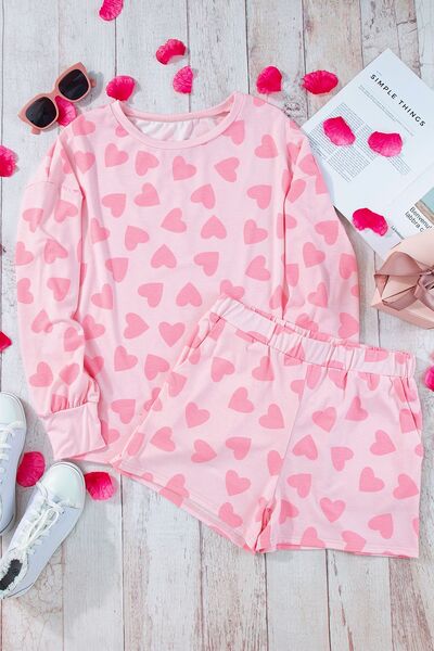 Heart Print Round Neck Top and Shorts Lounge Set - Corinth & Main