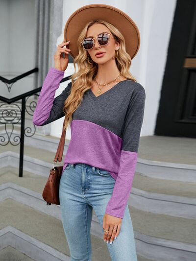 Color Block V-Neck Long Sleeve T-Shirt - Corinth & Main