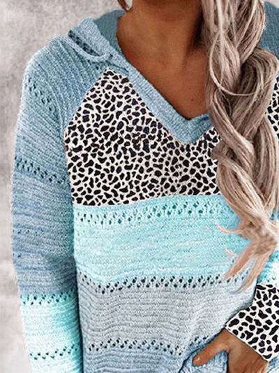 Full Size Openwork Leopard Drawstring Hooded Sweater - Corinth & Main