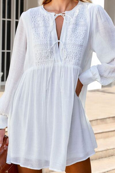 Lace Detail Tie Neck Mini Dress - Corinth & Main