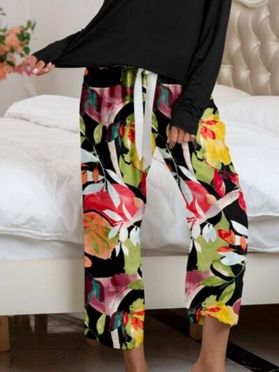 Round Neck Top and Printed Pants Lounge Set - Corinth & Main