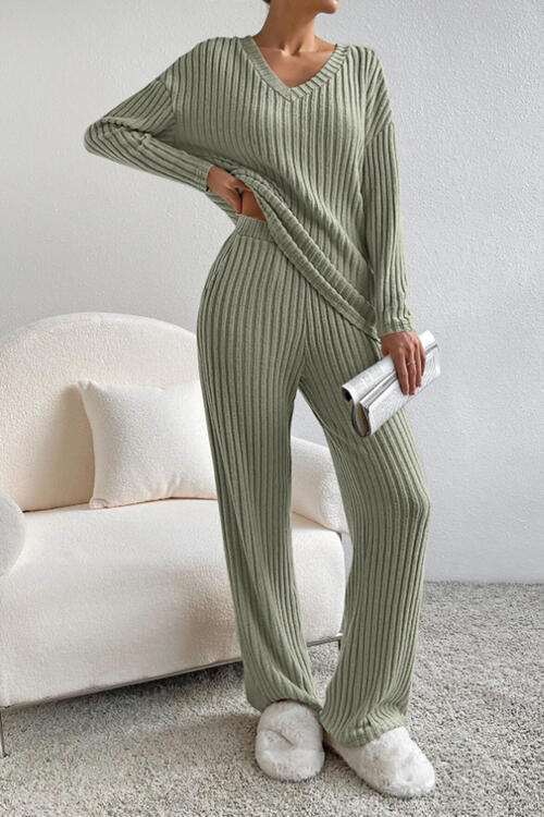 Ribbed V-Neck Top and Pants Set - Corinth & Main