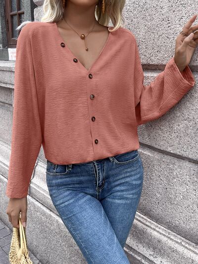 Button Up V-Neck Long Sleeve Shirt - Corinth & Main