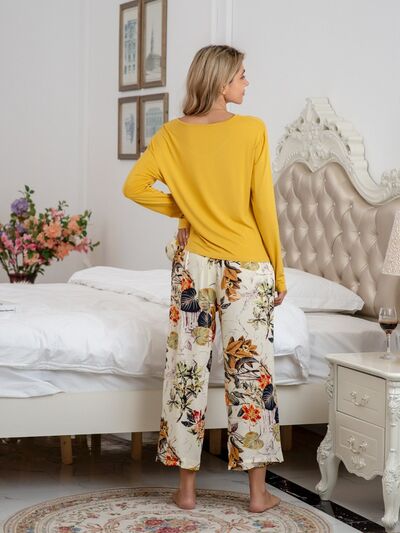 Round Neck Top and Printed Pants Lounge Set - Corinth & Main