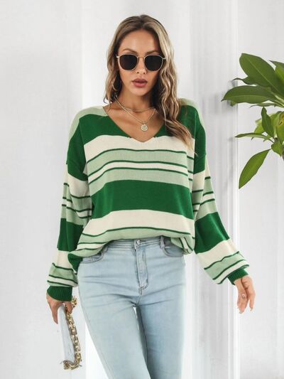 Striped V-Neck Dropped Shoulder Sweater - Corinth & Main