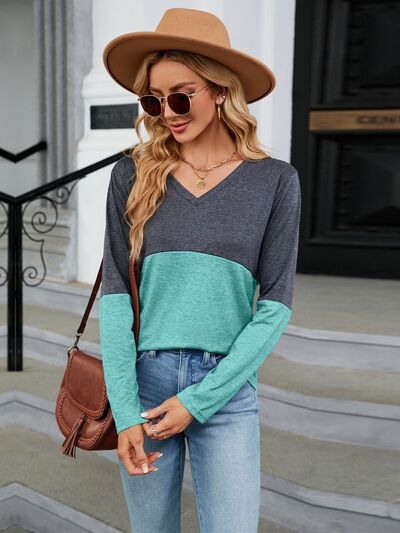 Color Block V-Neck Long Sleeve T-Shirt - Corinth & Main