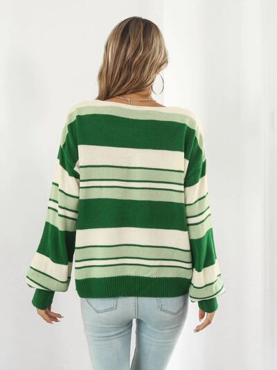 Striped V-Neck Dropped Shoulder Sweater - Corinth & Main