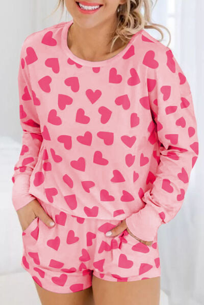 Heart Print Round Neck Top and Shorts Lounge Set - Corinth & Main