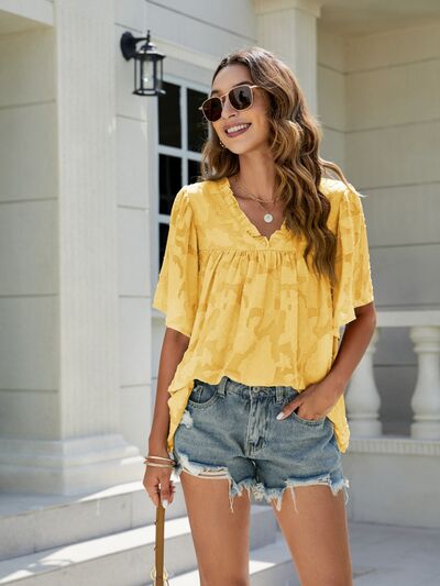 Frill V-Neck Half Sleeve Blouse - Corinth & Main