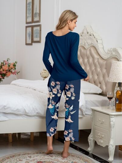 Round Neck Top and Printed Pants Lounge Set - Corinth & Main