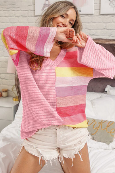 BiBi Striped Contrast Waffle Long Sleeve Top - Corinth & Main