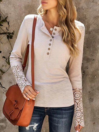 Lace Detail Half Button Long Sleve Knit Top - Corinth & Main