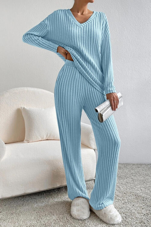 Ribbed V-Neck Top and Pants Set - Corinth & Main