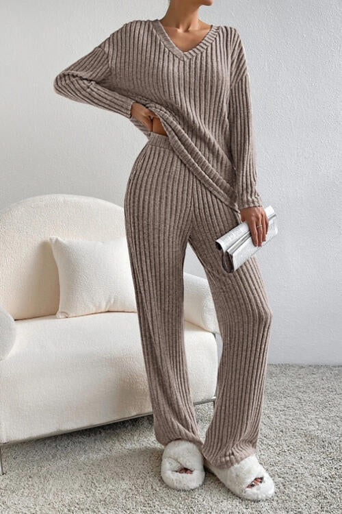 Ribbed V-Neck Top and Pants Set - Corinth & Main