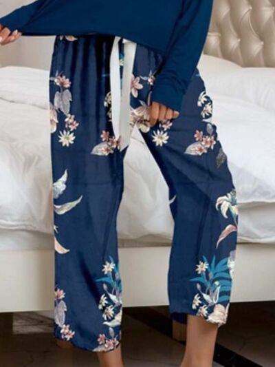 Round Neck Top and Printed Pants Lounge Set - Corinth & Main