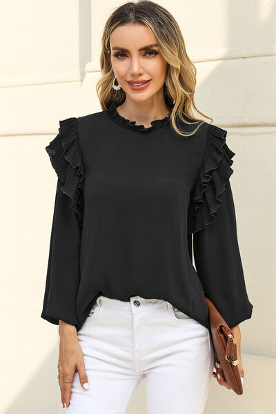 Ruffled Round Neck Long Sleeve Blouse - Corinth & Main