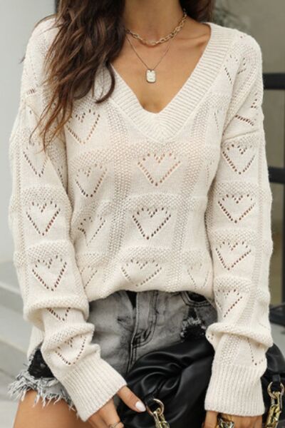 Openwork V-Neck Dropped Shoulder Sweater - Corinth & Main