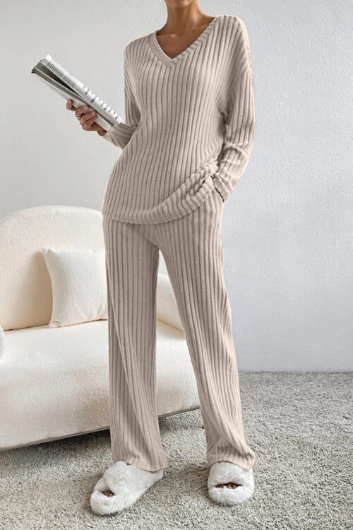 Ribbed V-Neck Top and Pants Set - Corinth & Main