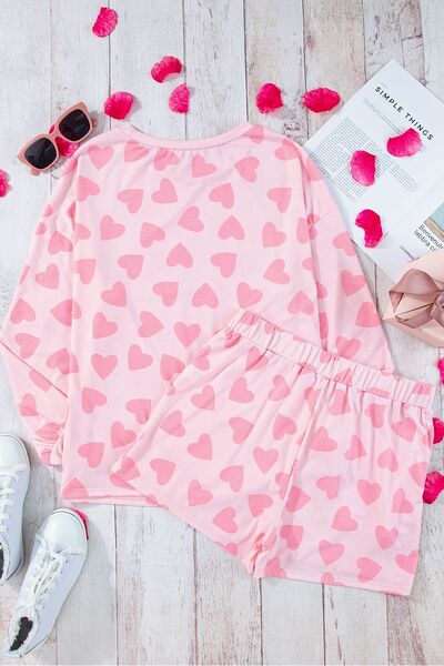 Heart Print Round Neck Top and Shorts Lounge Set - Corinth & Main