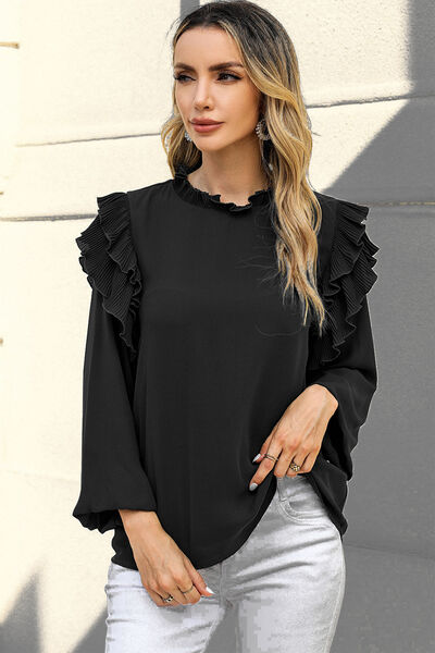 Ruffled Round Neck Long Sleeve Blouse - Corinth & Main