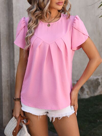 Ruched Round Neck Petal Sleeve Blouse - Corinth & Main