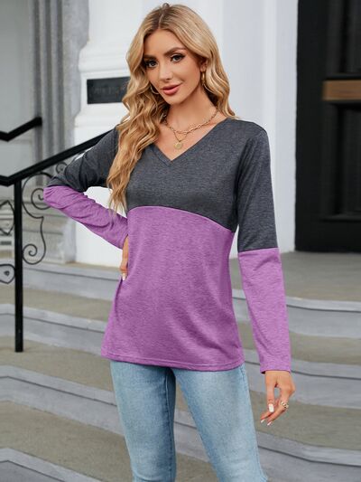 Color Block V-Neck Long Sleeve T-Shirt - Corinth & Main