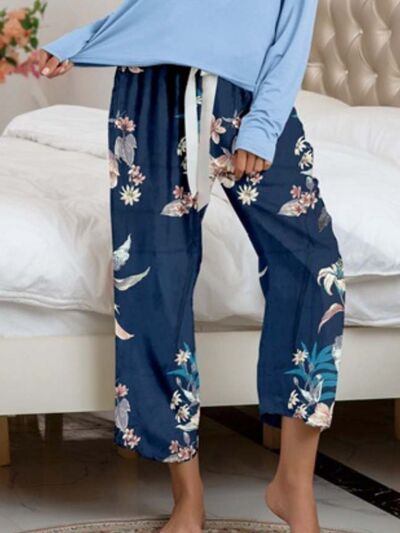 Round Neck Top and Printed Pants Lounge Set - Corinth & Main