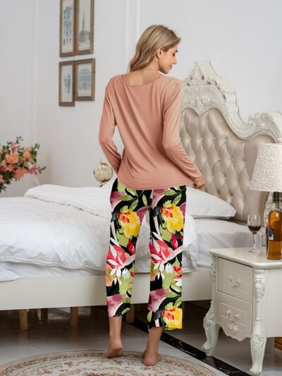 Round Neck Top and Printed Pants Lounge Set - Corinth & Main