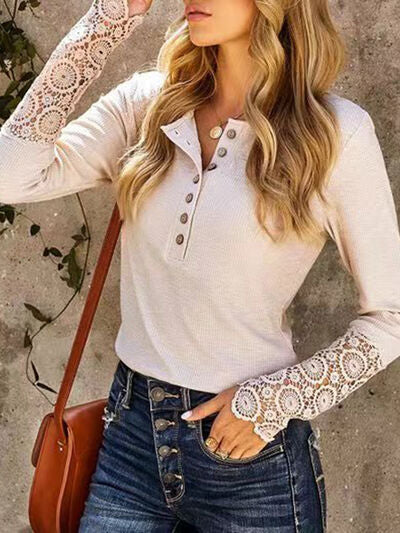 Lace Detail Half Button Long Sleve Knit Top - Corinth & Main