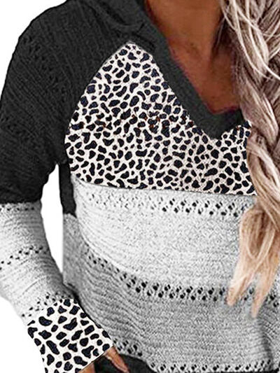 Full Size Openwork Leopard Drawstring Hooded Sweater - Corinth & Main