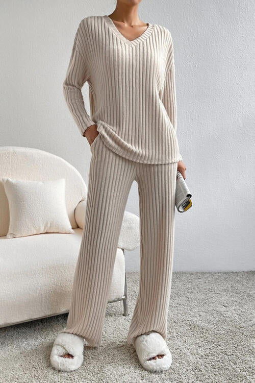 Ribbed V-Neck Top and Pants Set - Corinth & Main