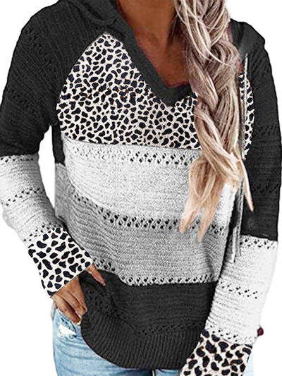 Full Size Openwork Leopard Drawstring Hooded Sweater - Corinth & Main