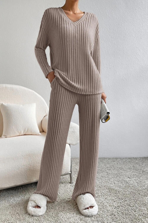 Ribbed V-Neck Top and Pants Set - Corinth & Main