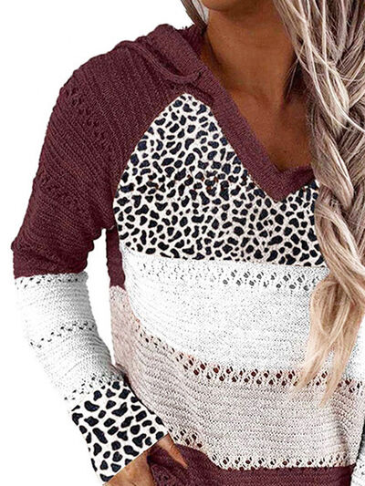 Full Size Openwork Leopard Drawstring Hooded Sweater - Corinth & Main