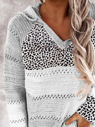 Full Size Openwork Leopard Drawstring Hooded Sweater - Corinth & Main