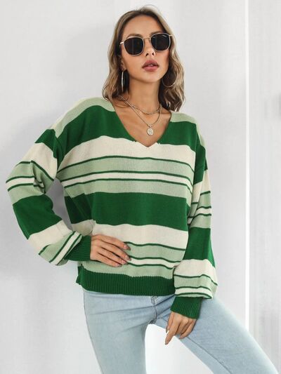 Striped V-Neck Dropped Shoulder Sweater - Corinth & Main