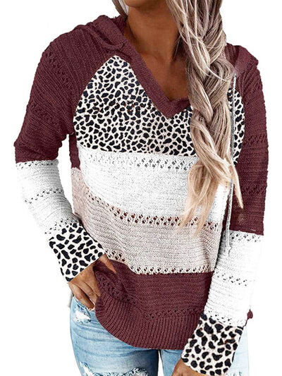 Full Size Openwork Leopard Drawstring Hooded Sweater - Corinth & Main