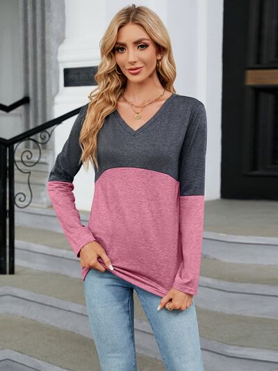 Color Block V-Neck Long Sleeve T-Shirt - Corinth & Main