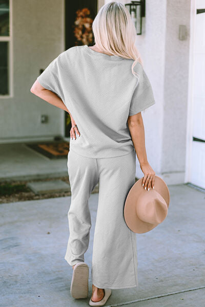 Double Take Full Size Texture Short Sleeve Top and Pants Set - Corinth & Main