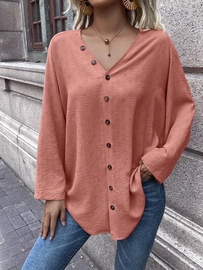 Button Up V-Neck Long Sleeve Shirt - Corinth & Main