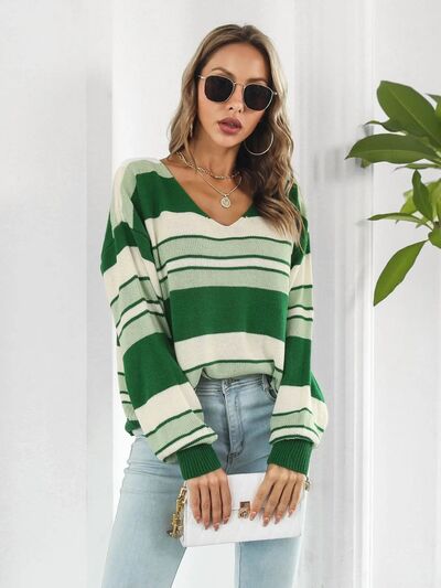 Striped V-Neck Dropped Shoulder Sweater - Corinth & Main