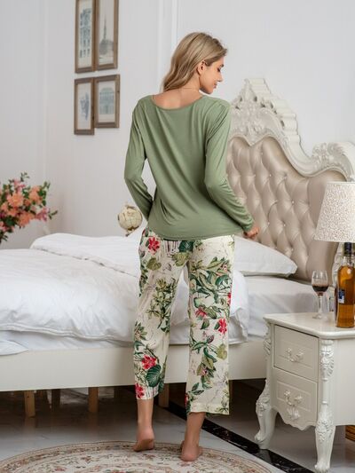 Round Neck Top and Printed Pants Lounge Set - Corinth & Main