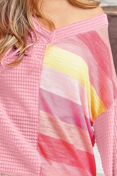 BiBi Striped Contrast Waffle Long Sleeve Top - Corinth & Main