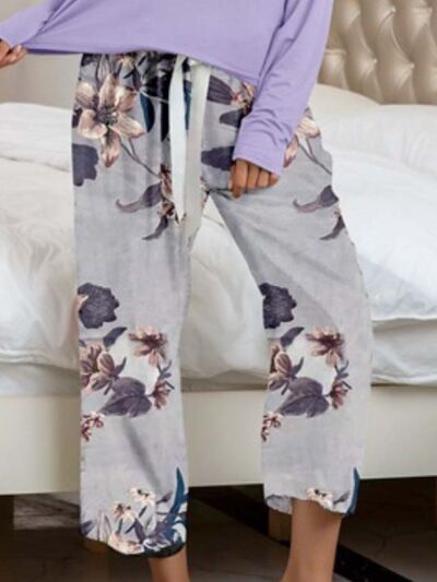 Round Neck Top and Printed Pants Lounge Set - Corinth & Main